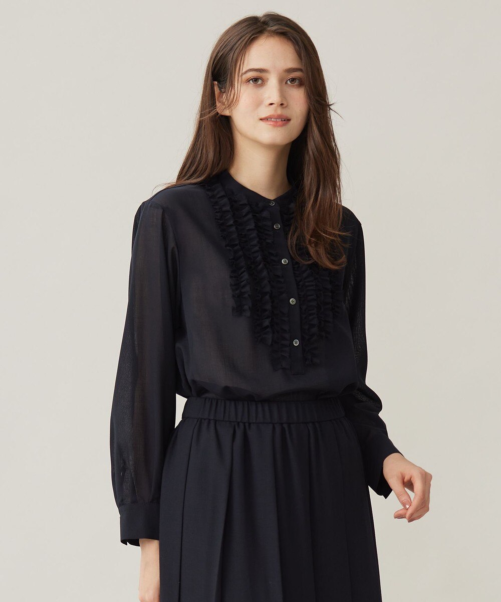 【オンワード】 自由区 L（大きいサイズ）>トップス 【セットアップ対応・洗える】ハイツイストビエラフロントフリル ブラウス ネイビー 44 レディース