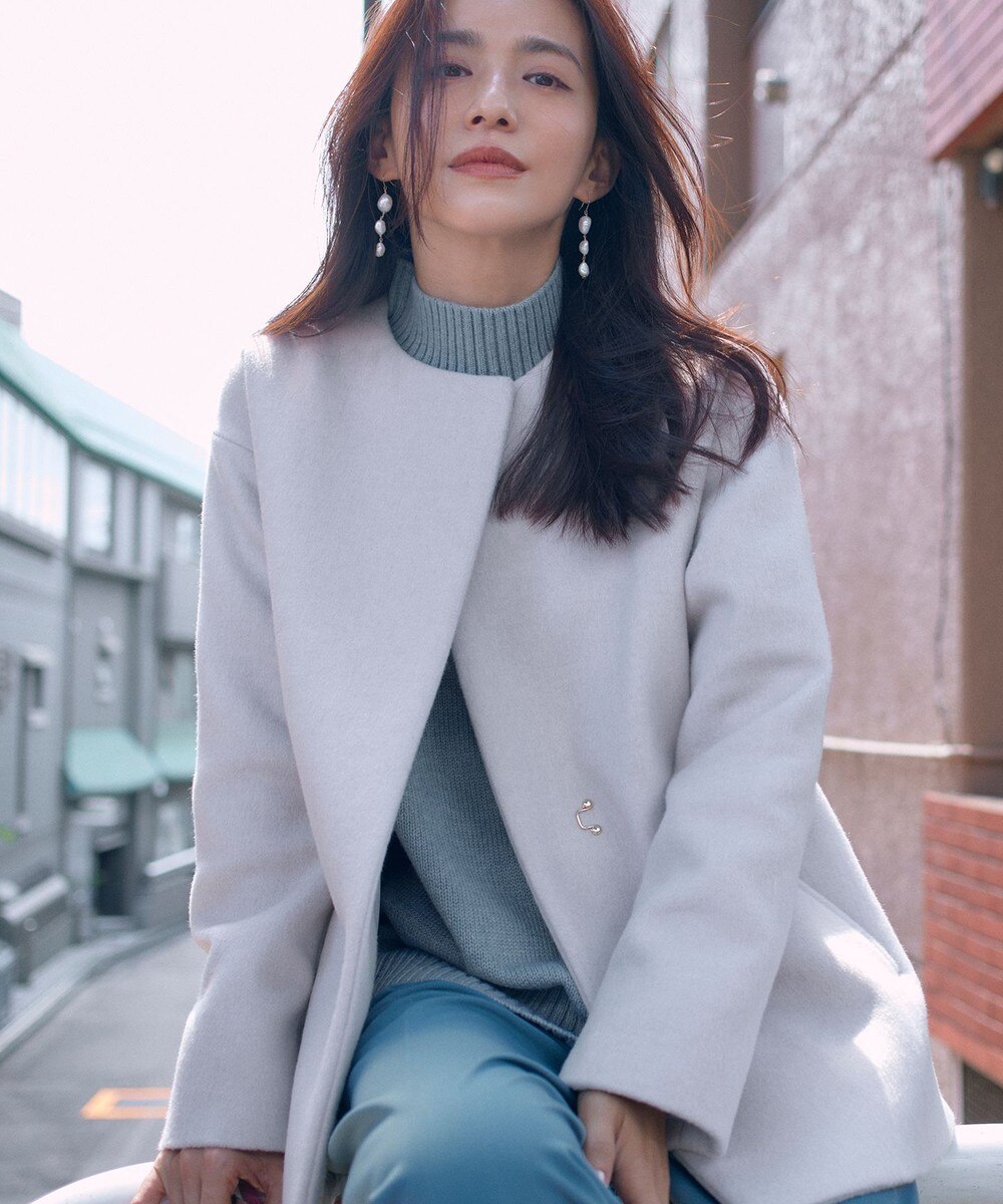 【オンワード】 any FAM>ジャケット/アウター 【優木まおみさん着用】カシミヤブレンドノーカラーサイドスリットショート コート グレー 2 レディース 【送料無料】