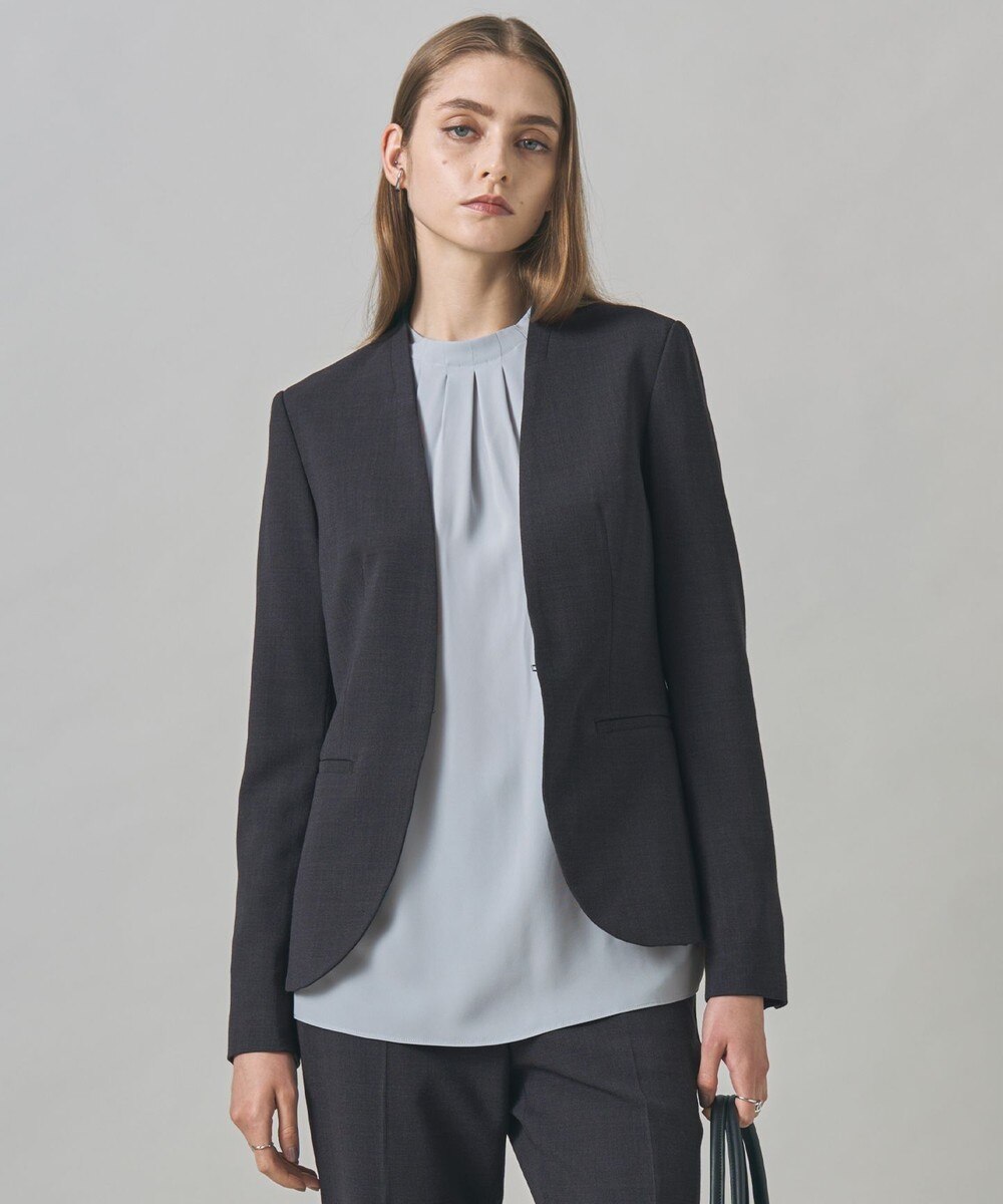 【オンワード】 ICB L（大きいサイズ）>ジャケット/アウター 【UVカット・洗える】ウール2WAYストレッチ ノーカラージャケット チャコール 40 レディース