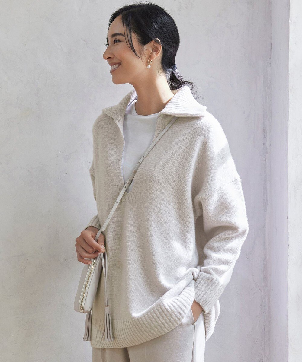 【オンワード】 自由区 L>トップス 【洗える】ウールカシミヤ 襟付き ロングニット アイボリー 44 レディース 【送料無料】