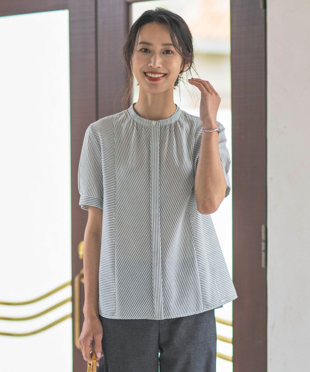 【オンワード】 J.PRESS LADIES L（大きいサイズ）>トップス 【洗える】ドビー強撚ストライプ 前開き ブラウス ネイビー T13 レディース