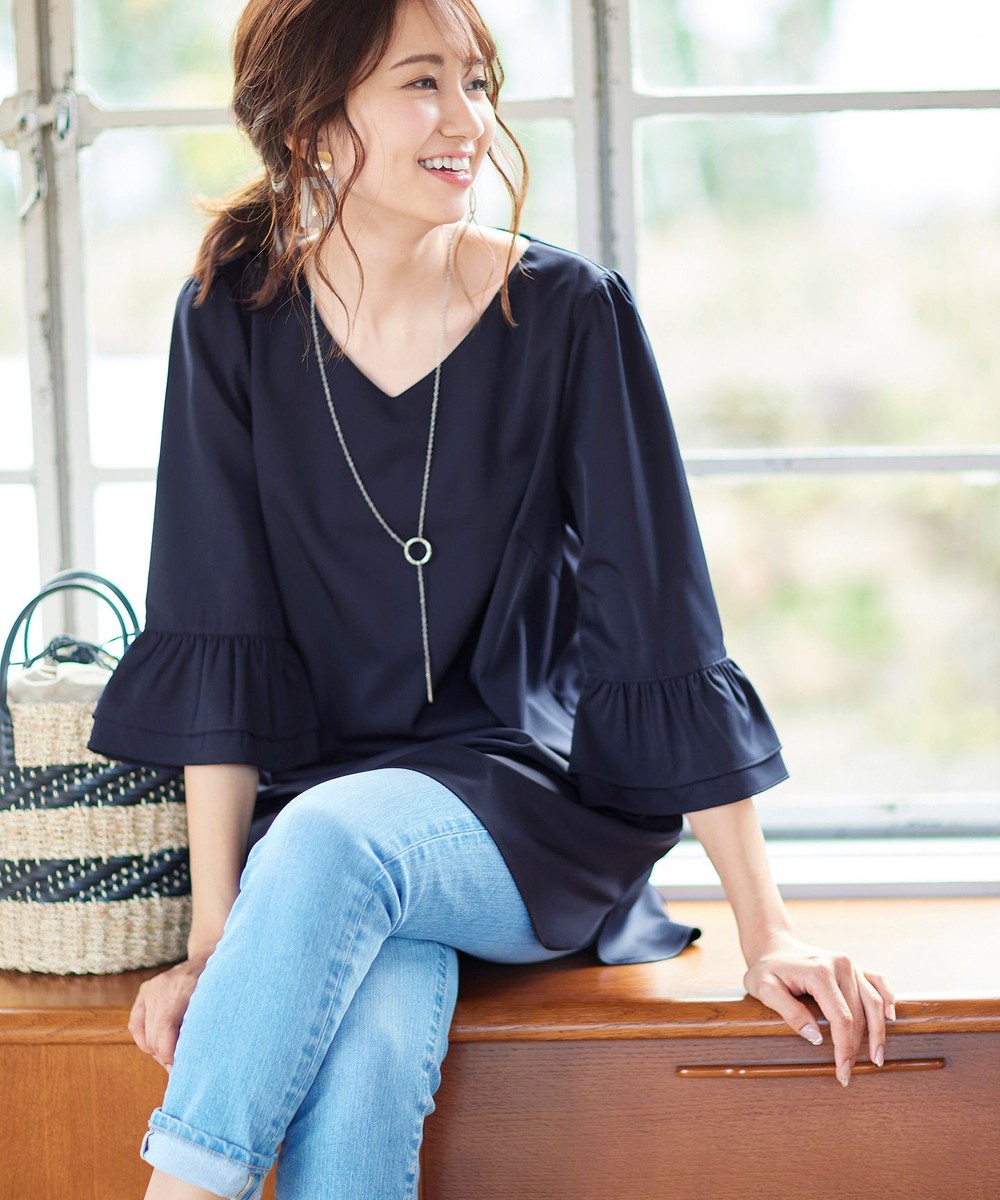 【オンワード】 Tiaclasse>ワンピース 【洗える】ティアード袖の程甘Vネック七分袖チュニック ネイビー L レディース 【送料無料】