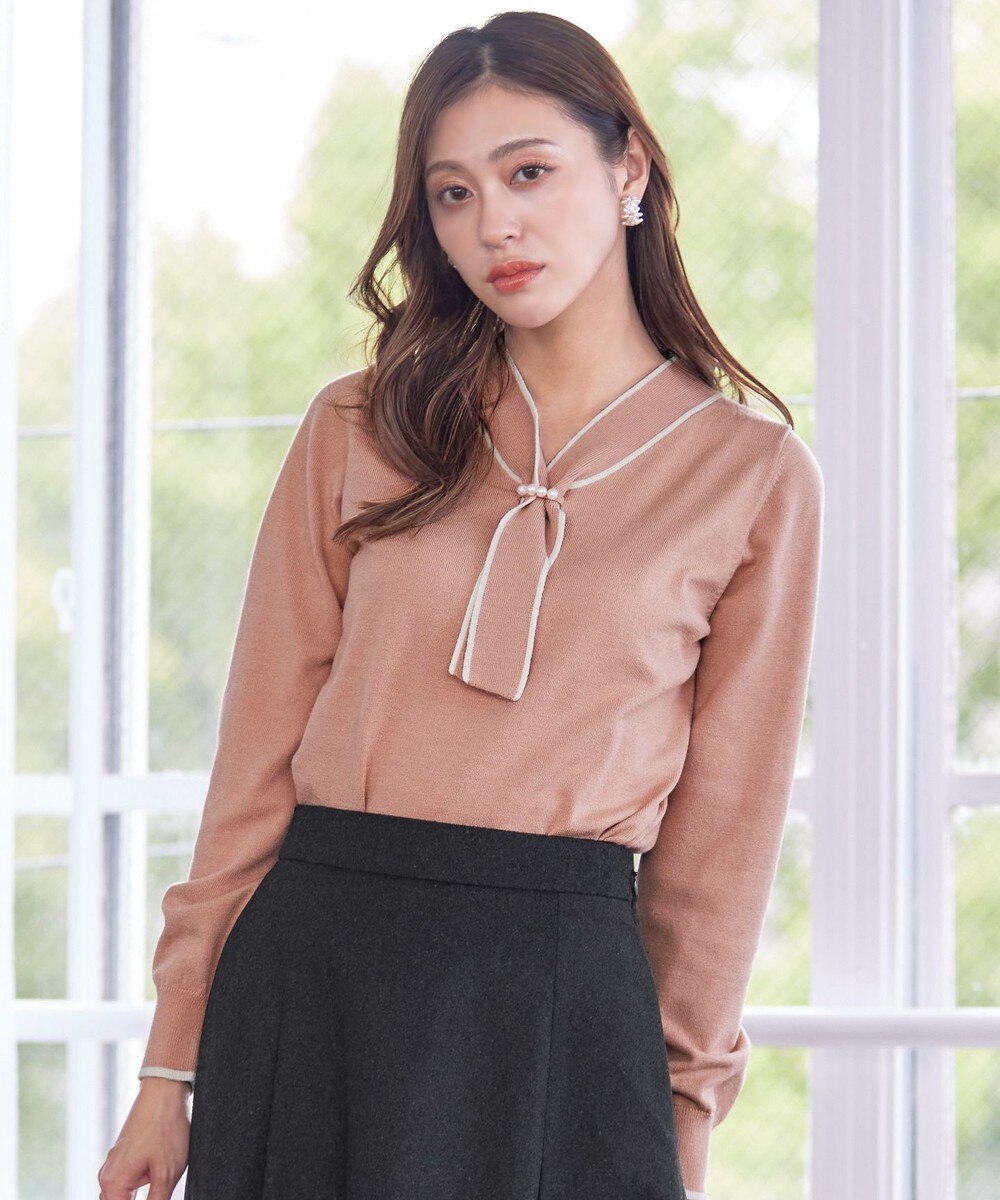 【洗える】パール付き配色ボウタイニットトップス