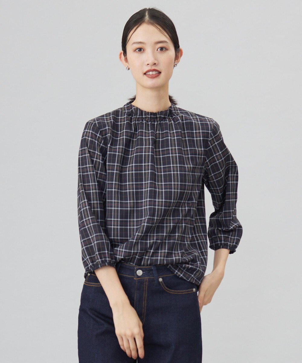 【オンワード】 J.PRESS LADIES S（小さいサイズ）>トップス プロビスストライプチェック フリルネック カットソー ネイビーチェック S レディース