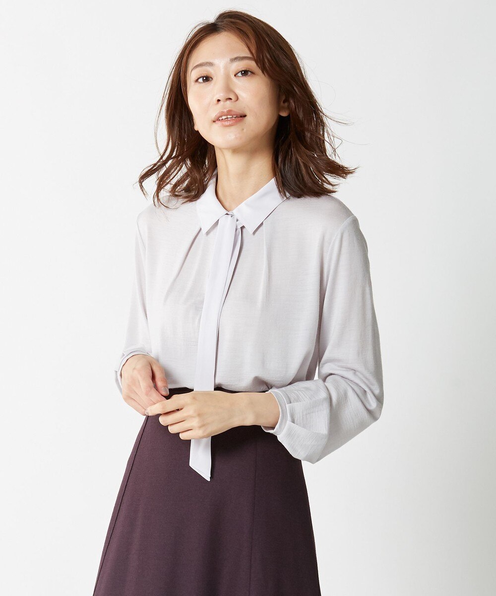 【オンワード】 J.PRESS LADIES S>トップス ウォッシャブルウールジャージー ボウタイ シャツ襟 カットソー ライトグレー S レディース 【送料無料】