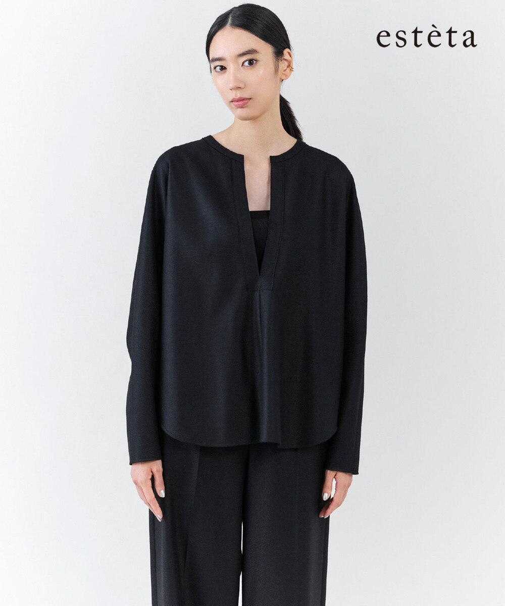 【オンワード】 23区 L（大きいサイズ）>トップス 【エステータ】ウールツイルジャージー スリットネック ブラウス ブラック 44 レディース
