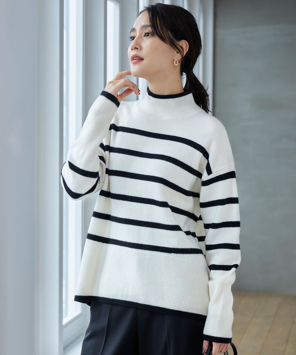 【オンワード】 自由区>トップス 【WEB限定カラーあり・洗える】ウールカシミヤブレンドハイネック ニット オフ×ブラックボーダー 38 レディース 【オンワード】 自由区>トップス 【WEB限定カラーあり・洗える】ウールカシミヤブレンドハイネック ニット オフ×ブラックボーダー 38 レディース