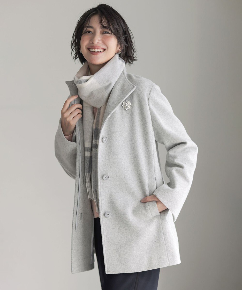 【オンワード】 J.PRESS LADIES L（大きいサイズ）>ジャケット/アウター ショートビーバー ミディ丈 スタンドカラー コート トップグレー T15 レディース