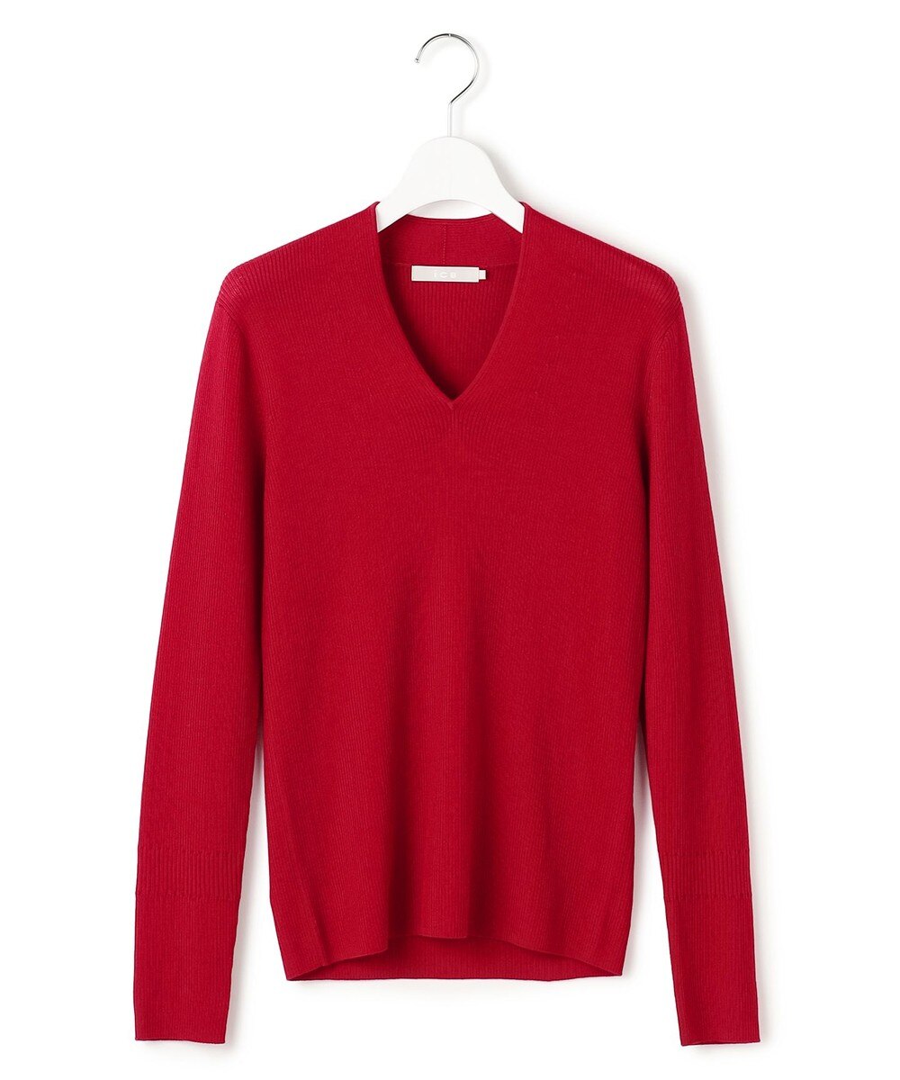 【オンワード】 ICB>トップス 【新色追加・洗える】 エクストラファインメリノリブ Vネックプルオーバー ディープレッド M レディース