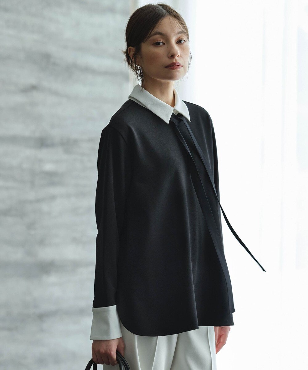 【オンワード】 ICB>トップス 【洗える】マラボーテＷジョーゼット ボウタイ付きシャツカラートップス ブラック S レディース