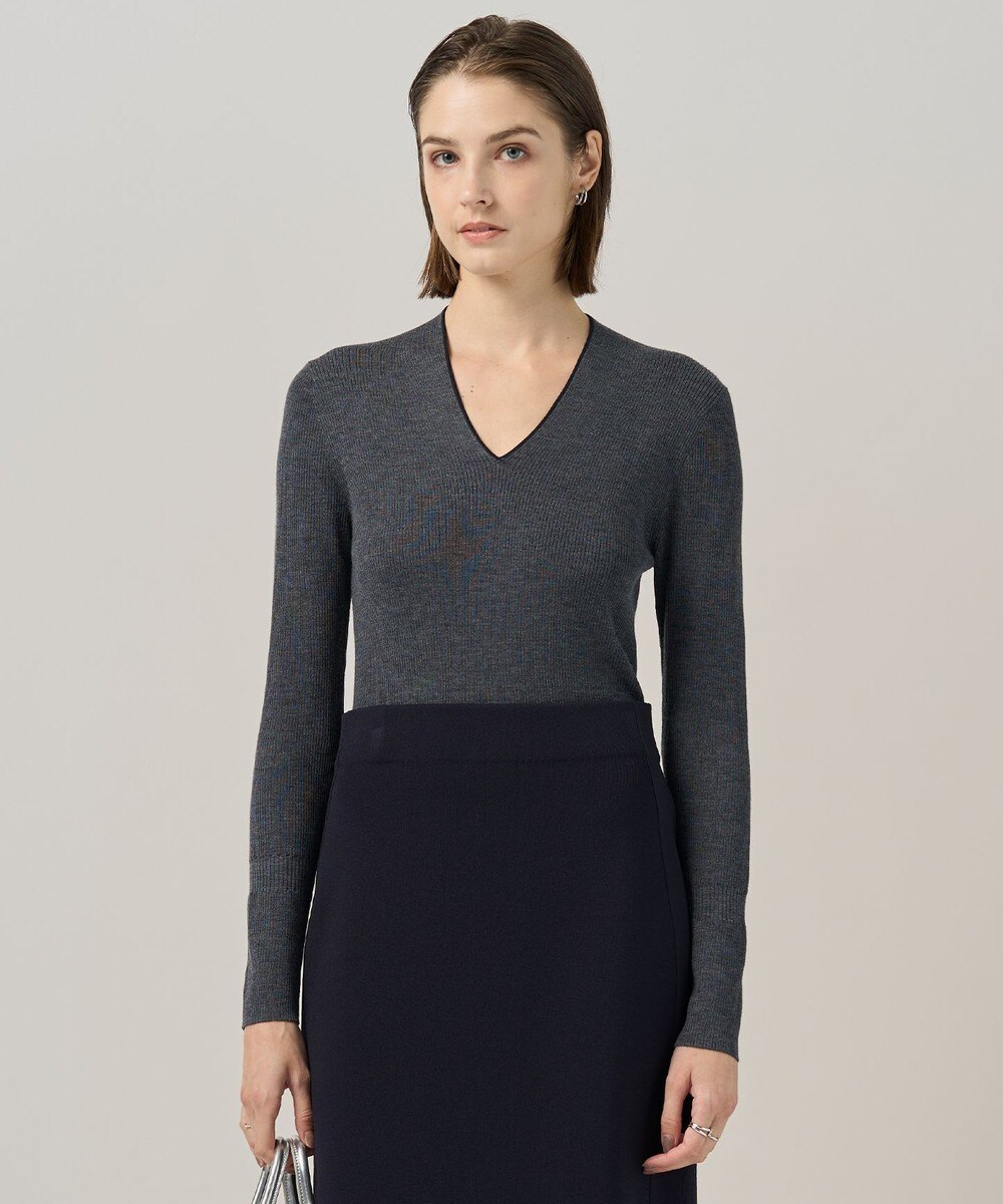 【オンワード】 ICB L（大きいサイズ）>トップス 【新色追加・洗える】 エクストラファインメリノリブ Vネックプルオーバー ミディアムグレー L レディース