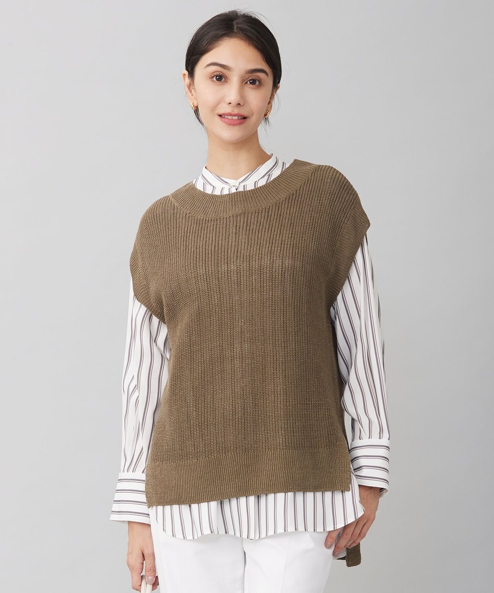 【オンワード】 自由区 L(大きいサイズ)>トップス 【洗える】リネンミドルゲージニット ベスト カーキ 44 レディース 【オンワード】 自由区 L(大きいサイズ)>トップス 【洗える】リネンミドルゲージニット ベスト カーキ 44 レディース