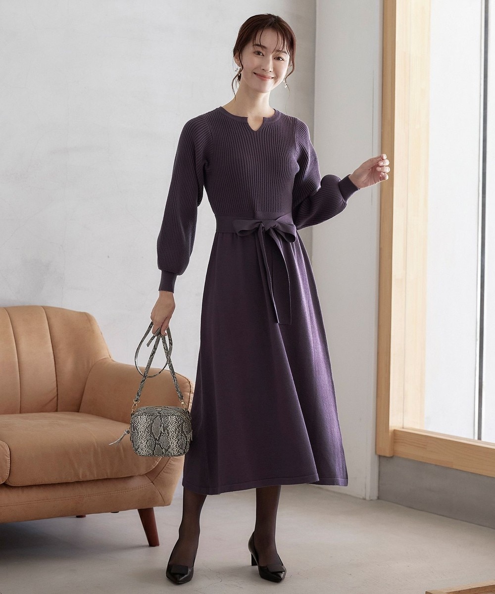 【洗える】パフ袖ニットワンピース