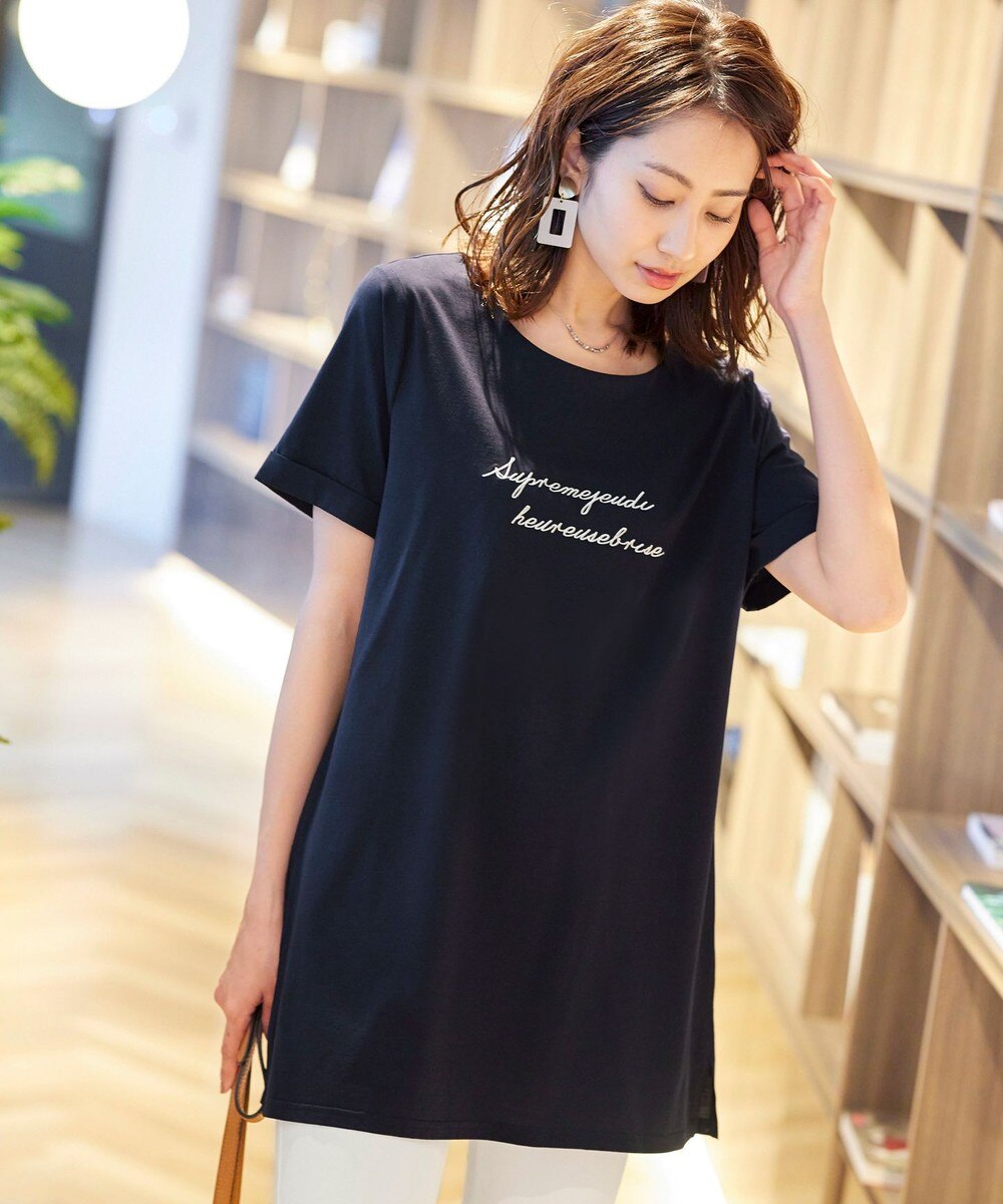 【オンワード】 Tiaclasse>ワンピース 【洗える】体型カバーも叶う、刺繍ロゴTシャツチュニック ネイビー M レディース 【送料無料】