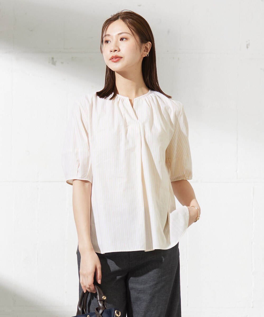 【オンワード】 J.PRESS LADIES S（小さいサイズ）>トップス 【洗える】BEZ空羽ストライプ クルーネック V開き ブラウス イエロー P5 レディース