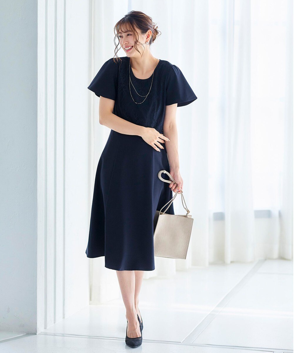 【洗える】フレアスリーブレースコンビワンピース