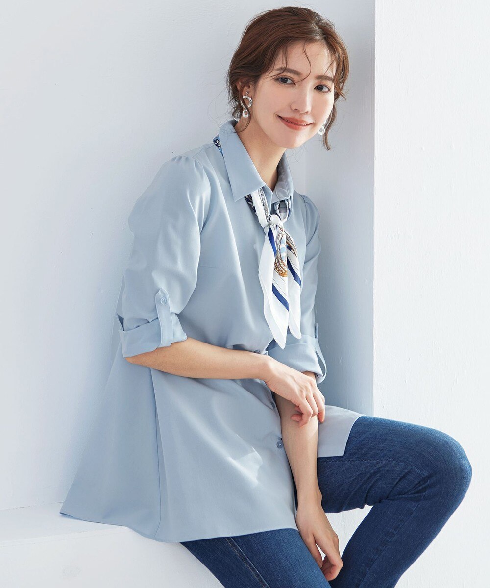 【洗える】フレアシャツチュニックブラウス