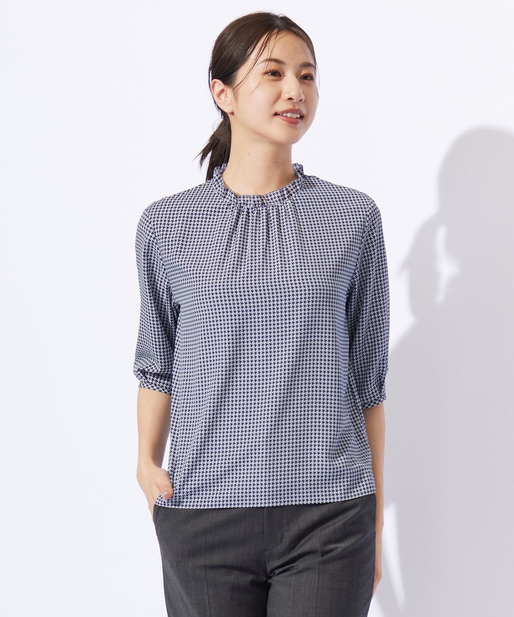 【オンワード】 J.PRESS LADIES L（大きいサイズ）>トップス 千鳥プリント フリル襟 カットソー ネイビー T13 レディース