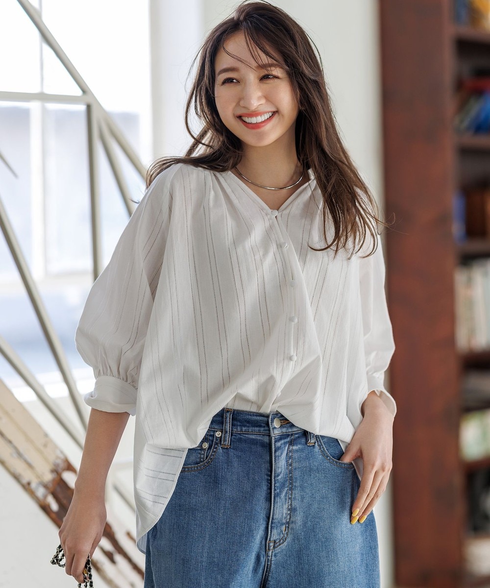 【オンワード】 UNFILO>トップス 【洗える】ストライプレース ギャザーブラウス オフ L レディース 【オンワード】 UNFILO>トップス 【洗える】ストライプレース ギャザーブラウス オフ L レディース