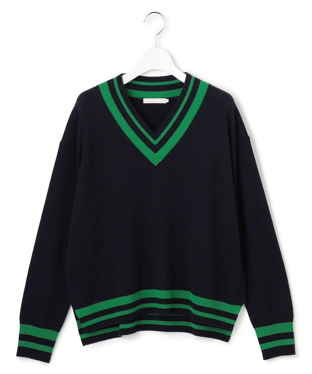 【オンワード】 ICB L（大きいサイズ）>トップス 【先行予約・洗える】 ハイゲージソフトウール チルデンVネックプルオーバー ネイビー×グリーン L レディース