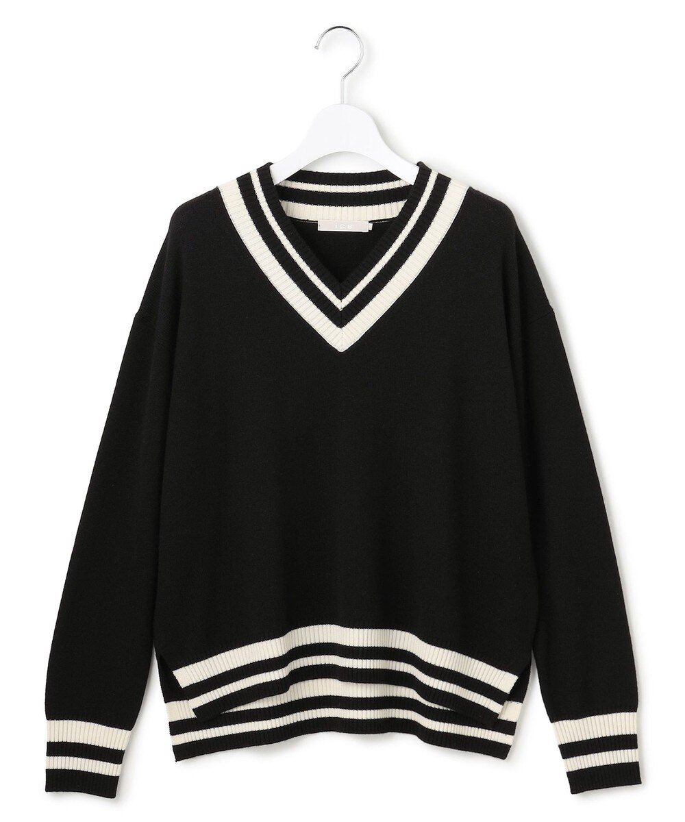 【オンワード】 ICB>トップス 【先行予約・洗える】 ハイゲージソフトウール チルデンVネックプルオーバー ブラック×オフホワイト S レディース
