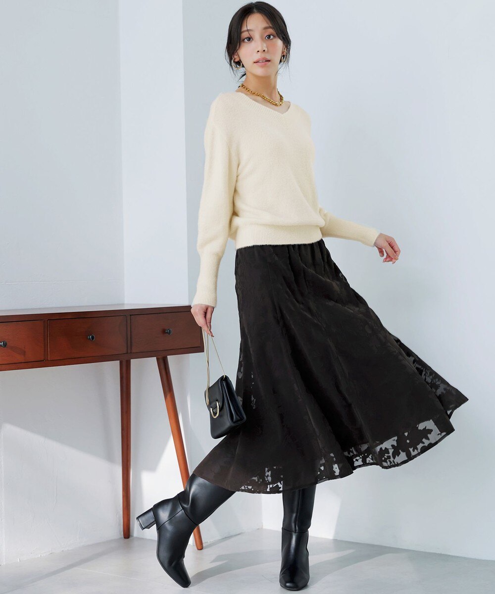 【オンワード】 ANY SIS S>ワンピース 【2SET】フェザー ニット × フロッキー スカート アイボリー×ブラウン XS レディース