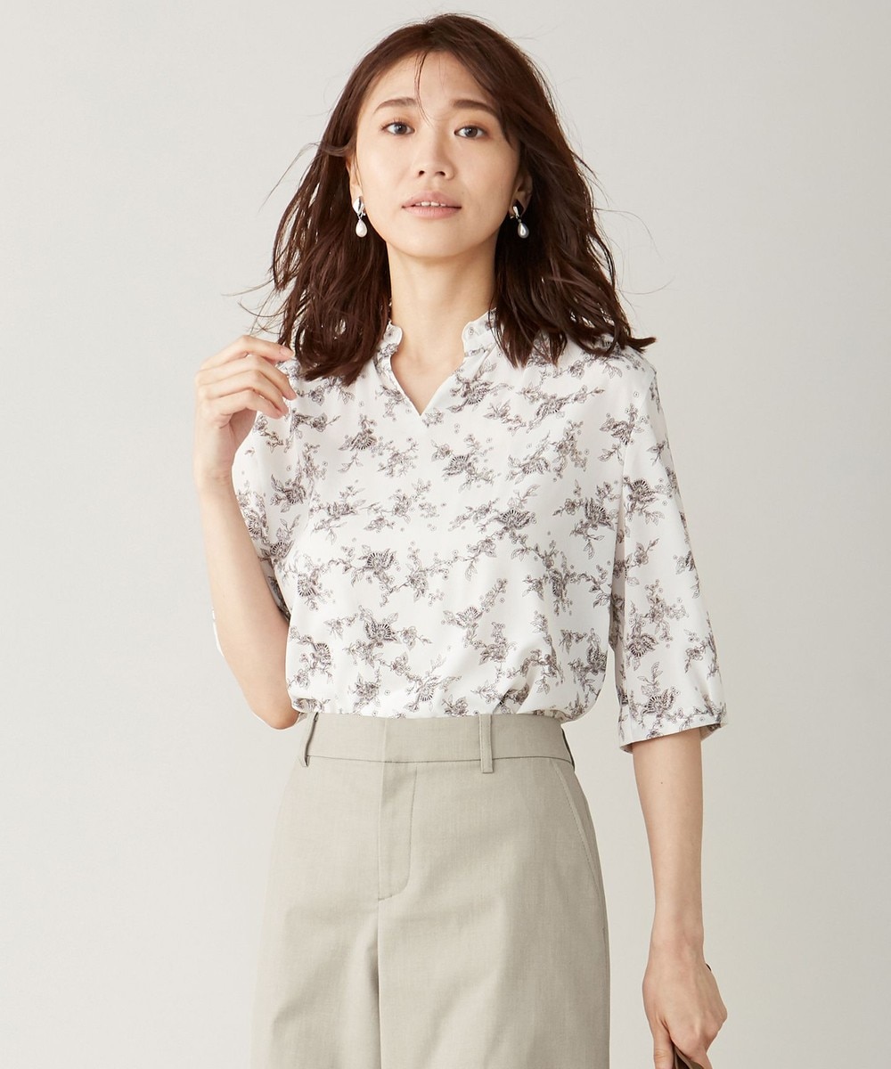 【オンワード】 J.PRESS LADIES L>トップス 【洗える】ポリエステル デシンフラワープリント ブラウス ネイビー T15 レディース 【送料無料】