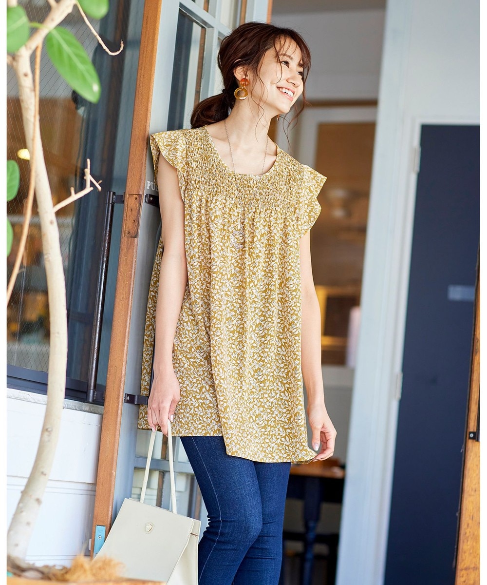 【洗える】体型カバーも叶うリーフ柄ギャザーチュニック