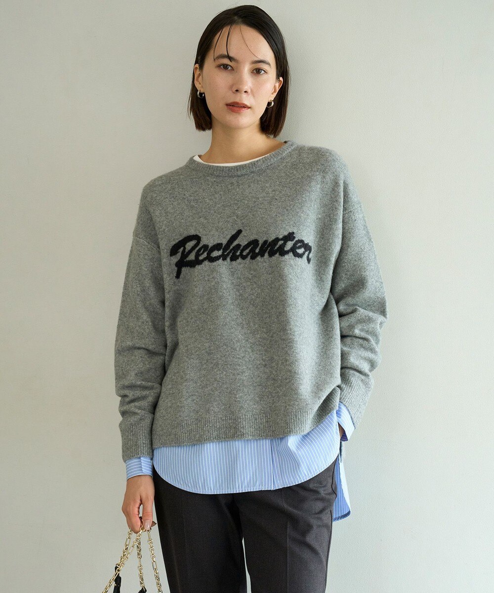【オンワード】 UNFILO>トップス 【洗える/抗菌防臭】ふわふわニット ロゴジャガード グレー×ブラックロゴ M レディース