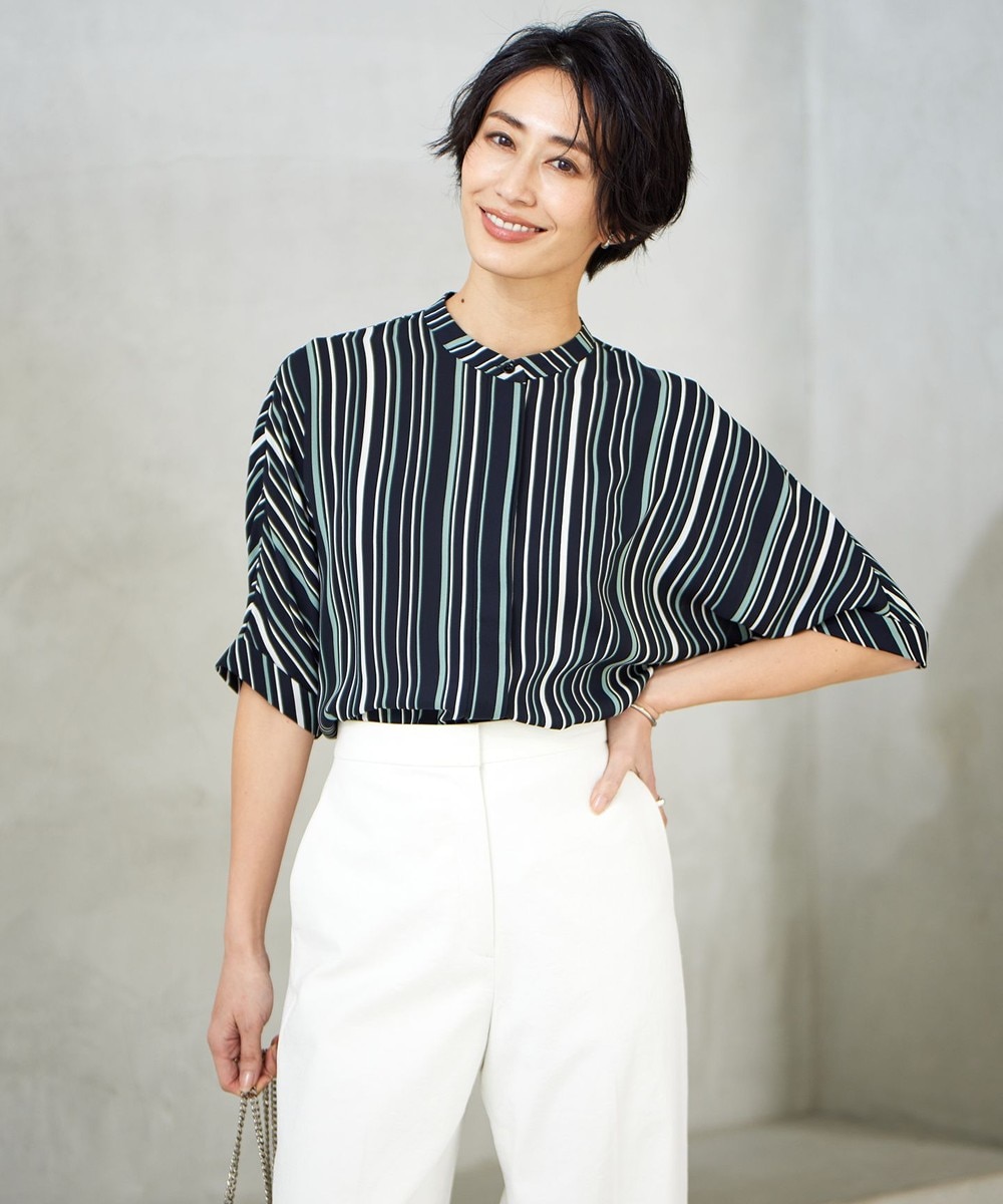 【オンワード】 ICB>トップス 【新色追加・接触冷感・UVケア・速乾・洗える】BackSatinAmunzen 5分袖バンドカラーブラウス ネイビーストライプ XS レディース 【オンワード】 ICB>トップス 【新色追加・接触冷感・UVケア・速乾・洗える】BackSatinAmunzen 5分袖バンドカラーブラウス ネイビーストライプ XS レディース