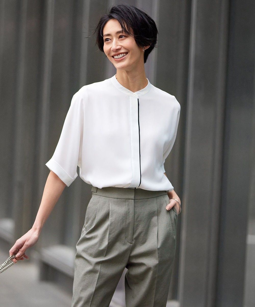 【オンワード】 ICB L(大きいサイズ)>トップス 【新色追加・接触冷感・UVケア・速乾・洗える】BackSatinAmunzen 5分袖バンドカラーブラウス オフホワイト XL レディース 【オンワード】 ICB L(大きいサイズ)>トップス 【新色追加・接触冷感・UVケア・速乾・洗える】BackSatinAmunzen 5分袖バンドカラーブラウス オフホワイト XL レディース