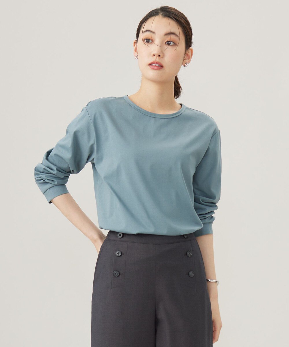 【オンワード】 J.PRESS LADIES>トップス プレーティング シャツテール ロングスリーブ Tシャツ グレイッシュグリーン L レディース