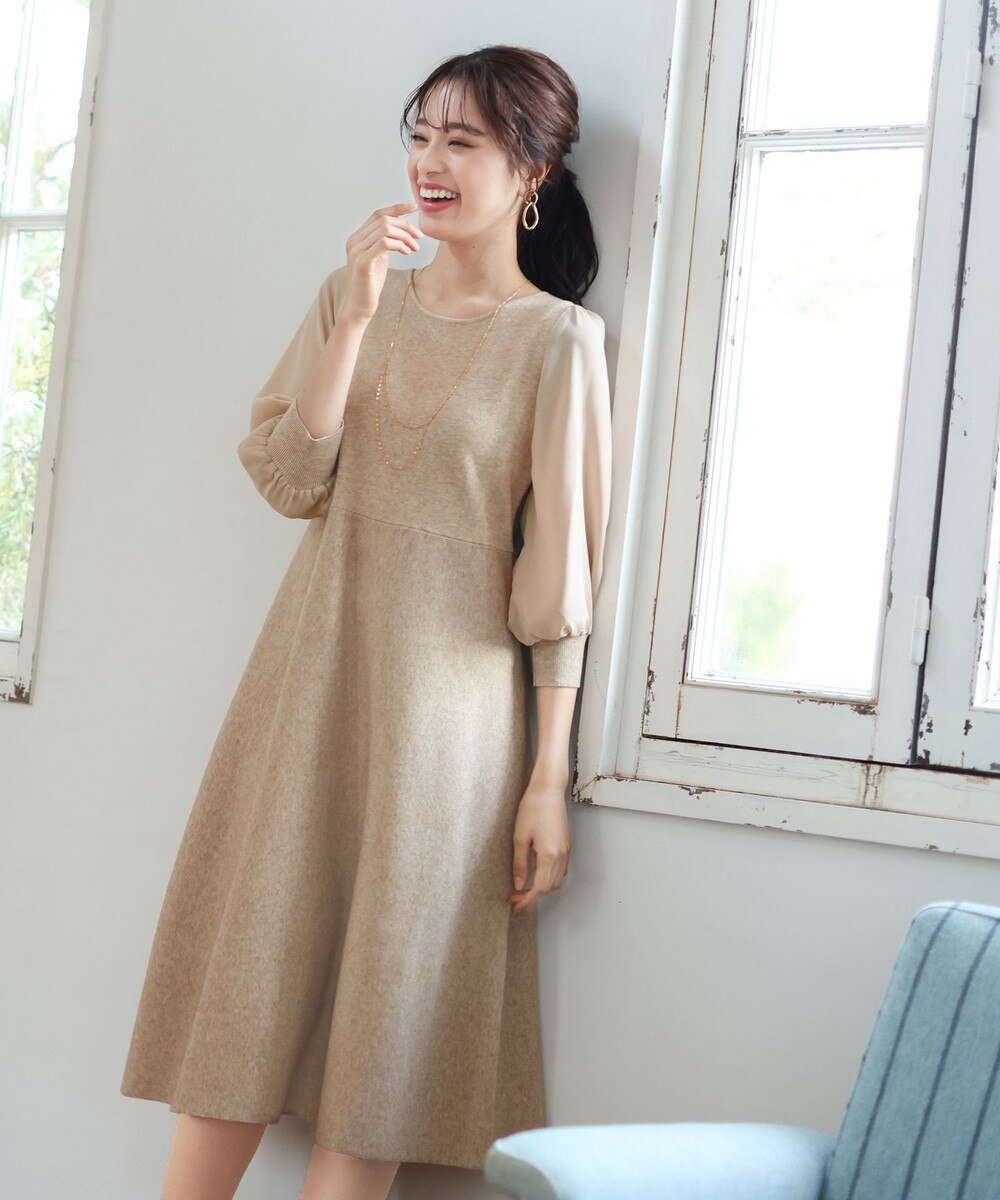 【洗える】大人可愛い異素材パフ袖ワンピース