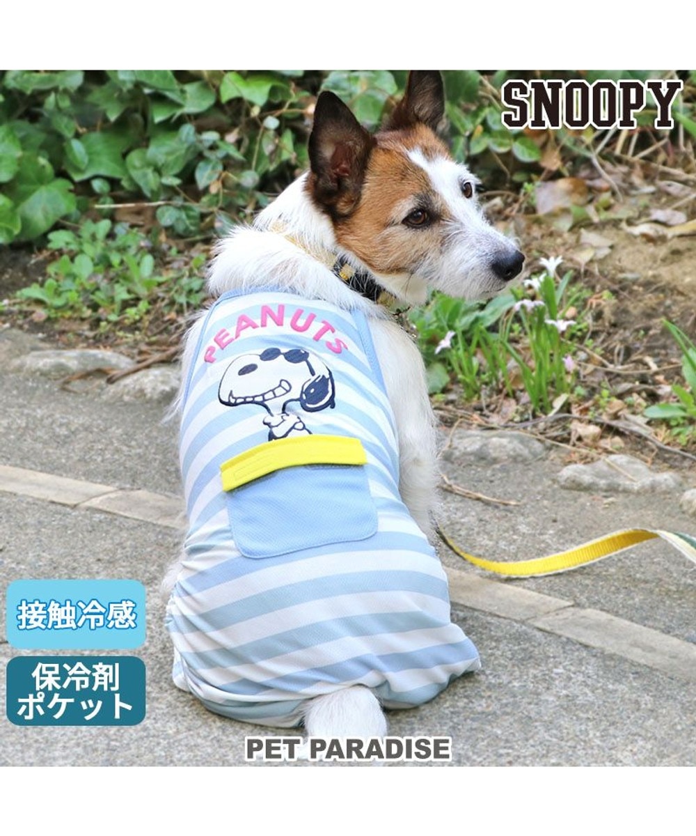 PET PARADISE>ペットグッズ スヌーピー ポケット付き ジョークール柄 ロンパース 【小型犬】 水色 Ｓ