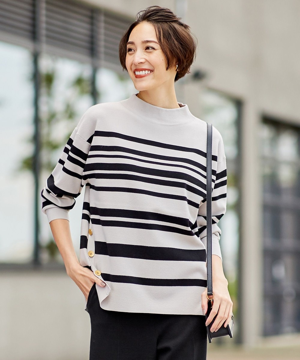 【オンワード】 自由区 L>トップス 【セットアップ着用可能】レーヨンストレッチ ハイネックプルオーバーニット スレート×オフホワイト 44 レディース 【送料無料】