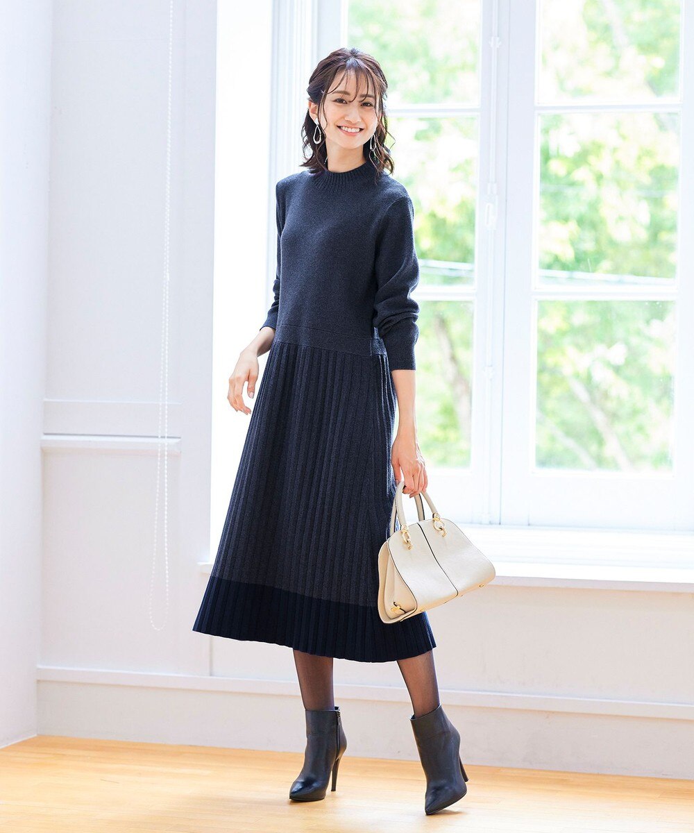 【洗える】1枚で着映えする配色プリーツニットワンピース