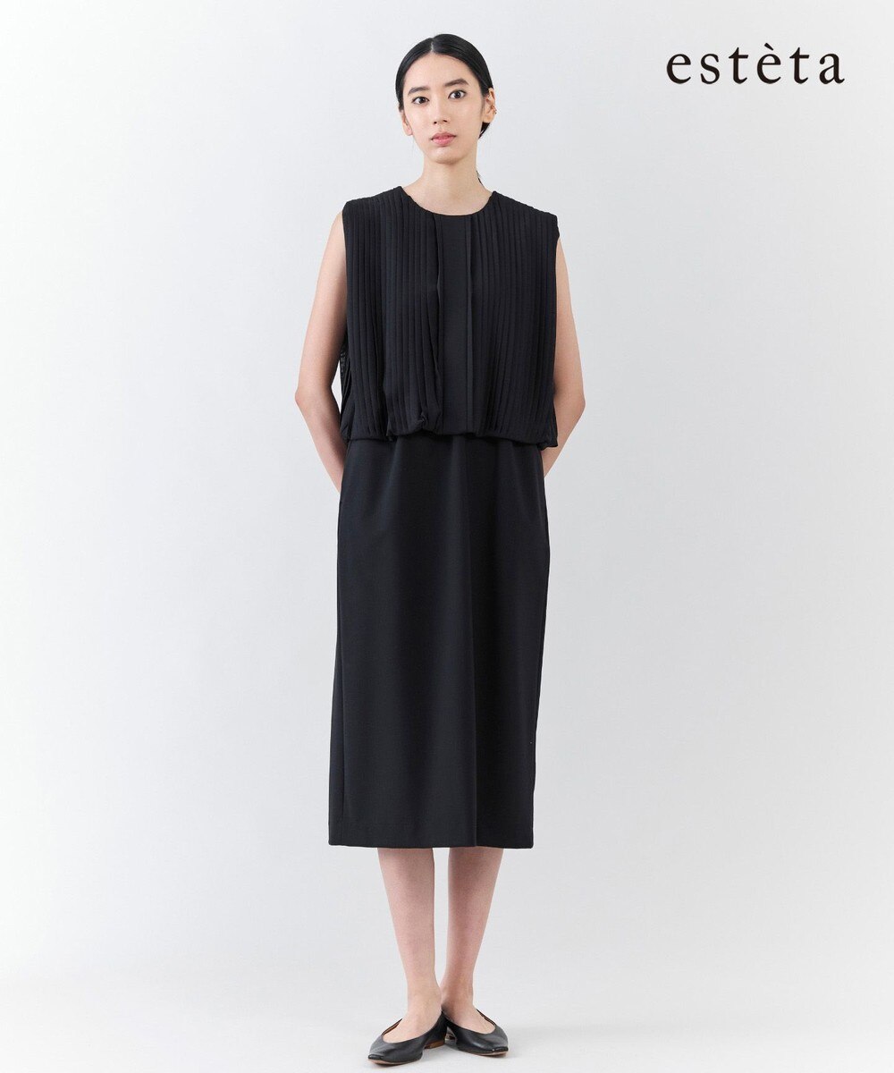 【オンワード】 23区 L（大きいサイズ）>ワンピース 【エステータ】ウールトロドライストレッチ プリーツコンビ ワンピース ブラック 44 レディース