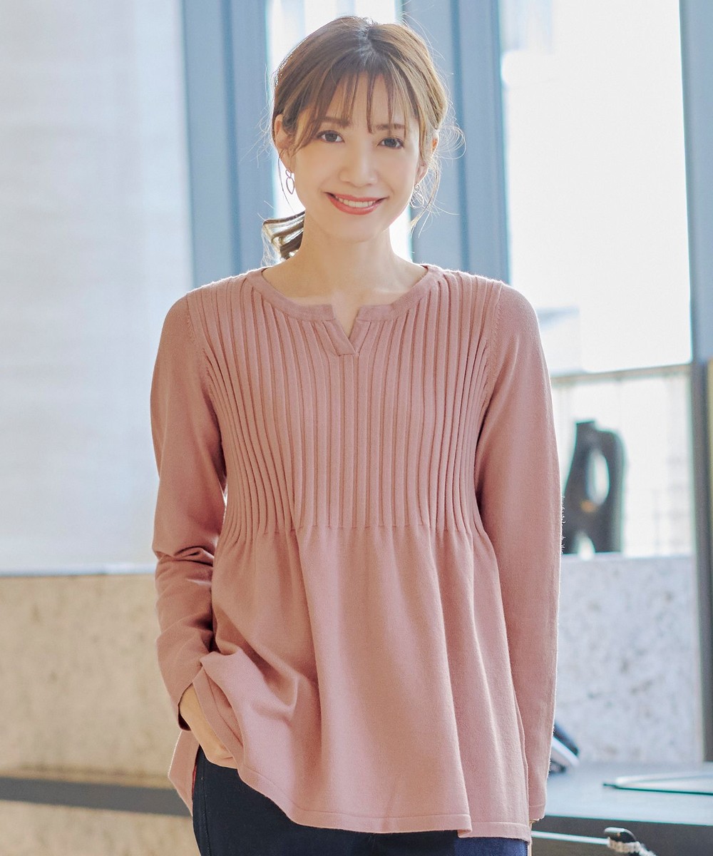【洗える】リブ切り替えフレアニットトップス