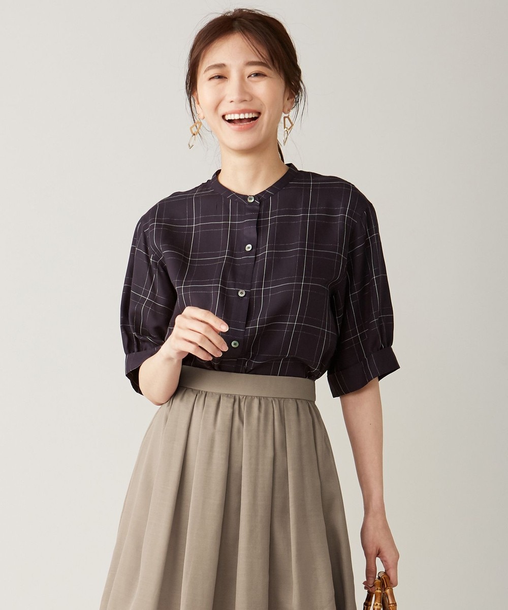 【オンワード】 J.PRESS LADIES L>トップス 【洗える】キュプラストライプ&チェック バンドカラー ブラウス ネイビー T13 レディース 【送料無料】