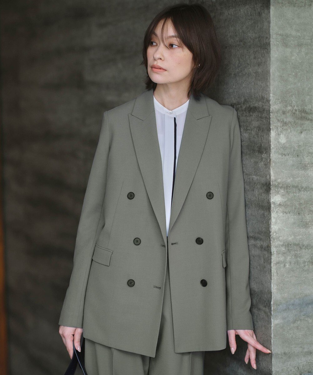 【オンワード】 ICB L（大きいサイズ）>ジャケット/アウター 【UVカット・洗える】ウール2WAYストレッチ ダブルブレストジャケット スモークグリーン 40 レディース