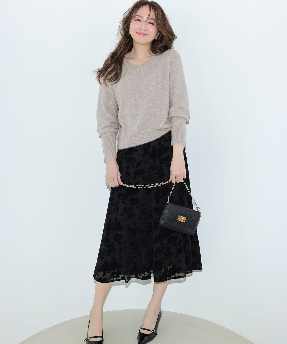 【オンワード】 ANY SIS>ワンピース 【2SET】フェザー ニット × フロッキー スカート ライトグレー×ブラック L レディース