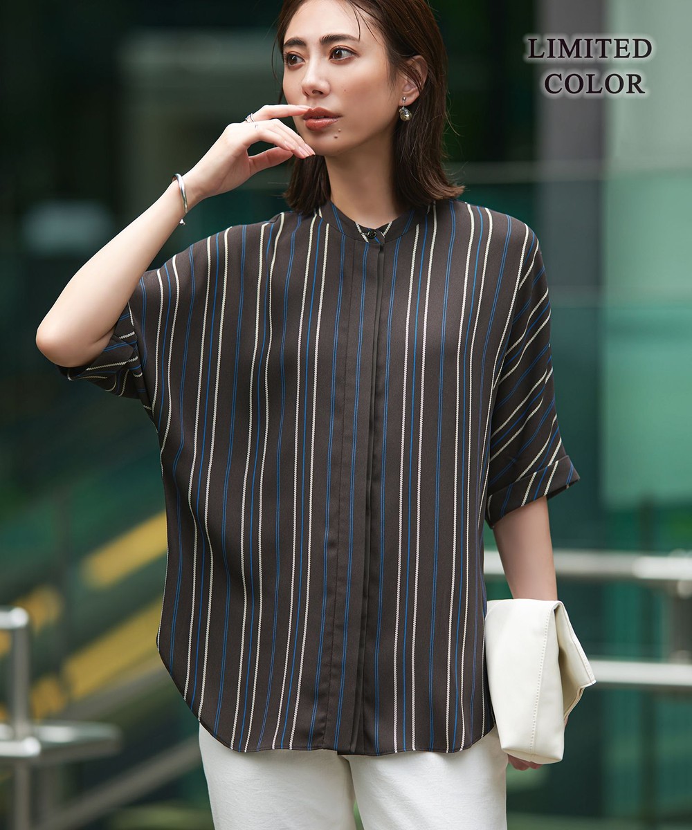 【オンワード】 ICB>トップス 【人気のため新色追加・接触冷感・UVケア・速乾・洗える】BackSatinAmunzen 5分袖バンドカラーブラウス チャコールストライプ柄 M レディース 【オンワード】 ICB>トップス 【人気のため新色追加・接触冷感・UVケア・速乾・洗える】BackSatinAmunzen 5分袖バンドカラーブラウス チャコールストライプ柄 M レディース