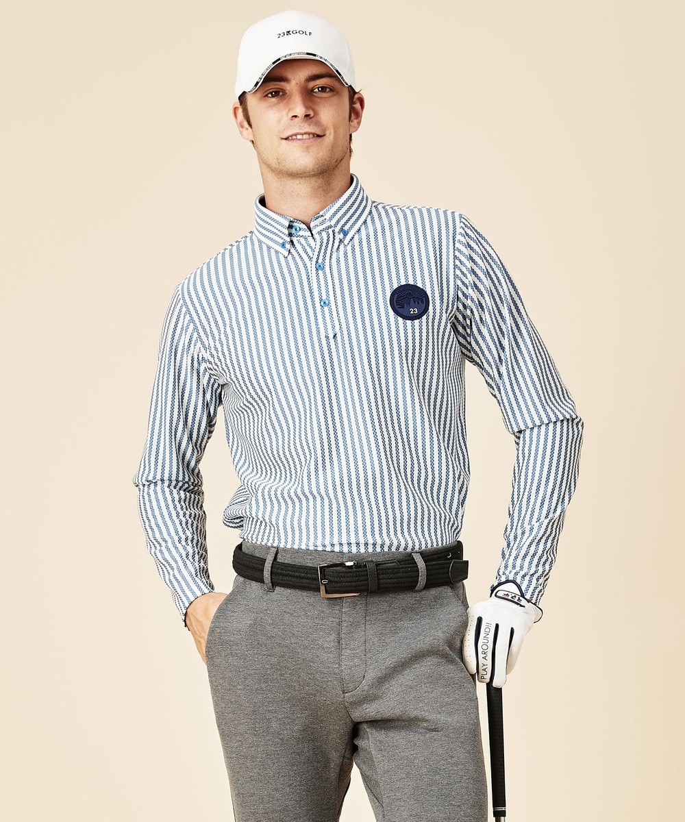 【オンワード】 23区GOLF>トップス 【MEN】後染PEストライプ 長袖ポロシャツ ダルブルー L メンズ 【送料無料】
