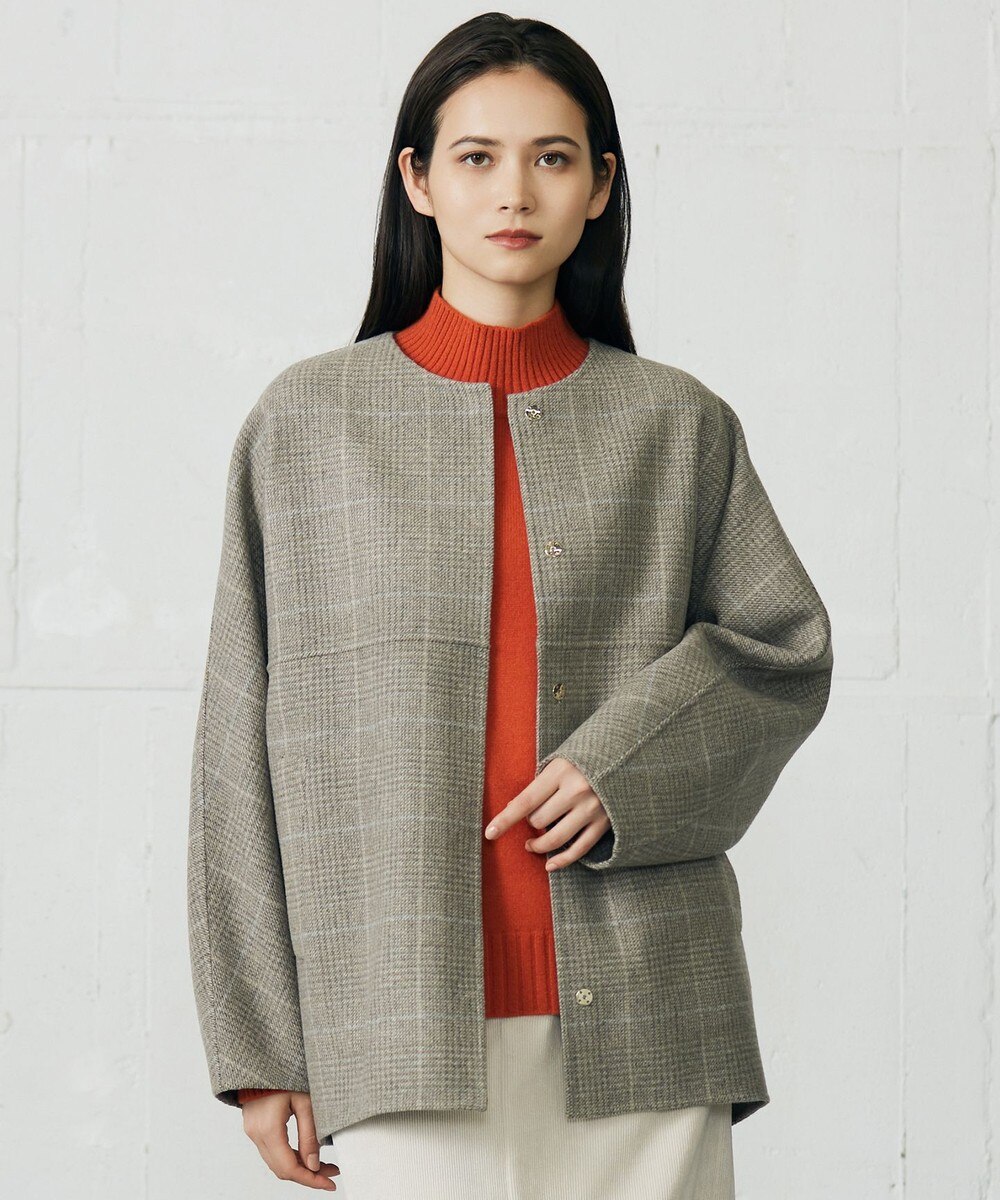 【オンワード】 自由区 L(大きいサイズ)>ジャケット/アウター 【17号サイズまで展開】ウールリバーチェック柄ノーカラー コート モカチェック 48 レディース 【オンワード】 自由区 L(大きいサイズ)>ジャケット/アウター 【17号サイズまで展開】ウールリバーチェック柄ノーカラー コート モカチェック 48 レディース