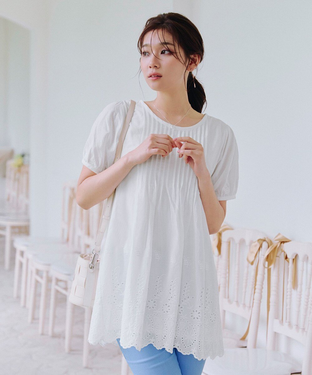 【洗える】パンチングレースピンタックチュニックブラウス