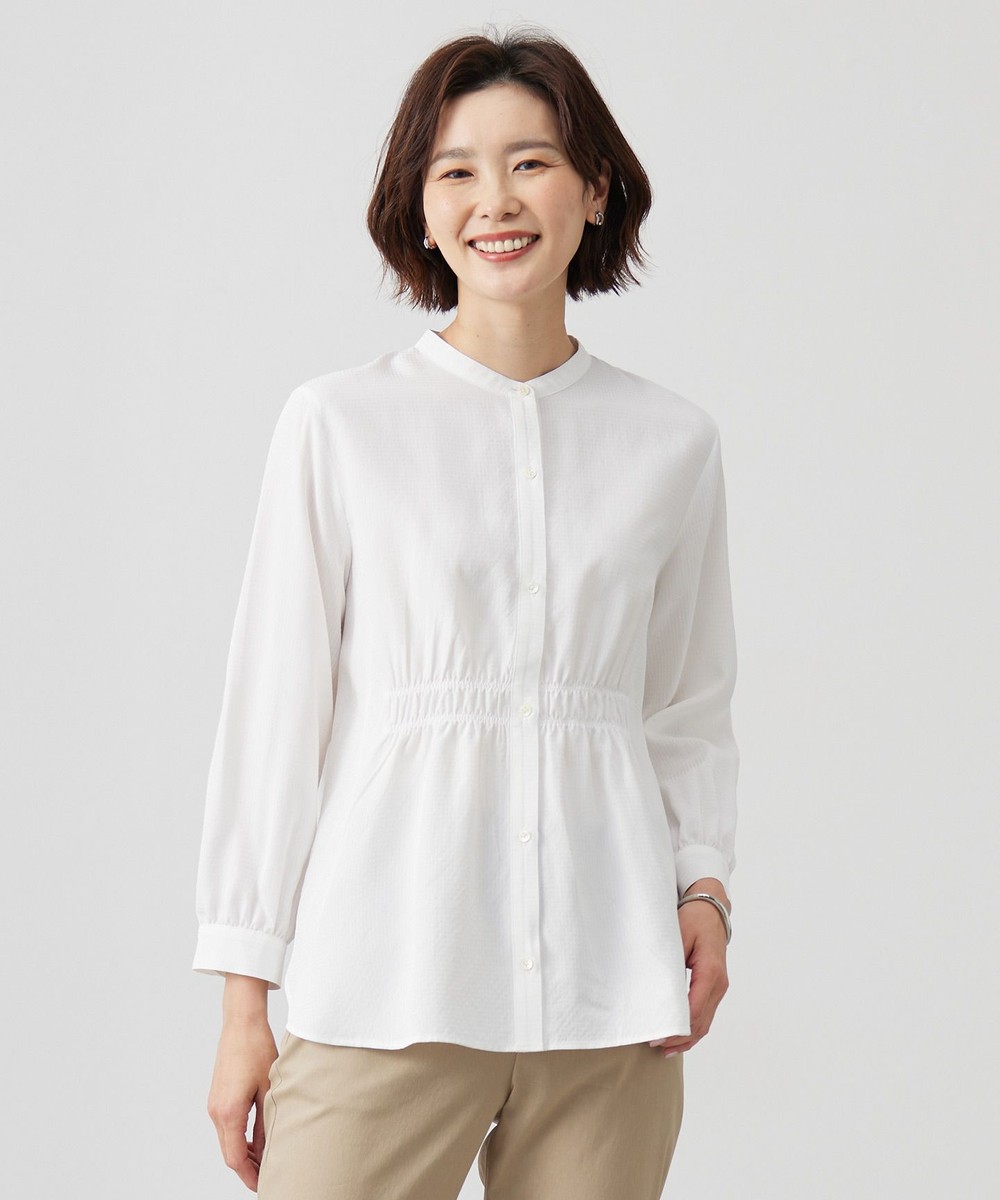 【オンワード】 J.PRESS LADIES L(大きいサイズ)>トップス 【洗える】アセVisシャドーギンガム シャーリング ブラウス ホワイト T15 レディース 【オンワード】 J.PRESS LADIES L(大きいサイズ)>トップス 【洗える】アセVisシャドーギンガム シャーリング ブラウス ホワイト T15 レディース