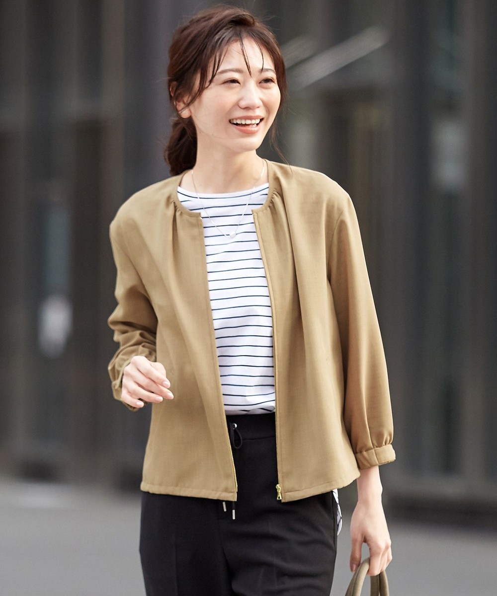 【オンワード】 J.PRESS LADIES L>ジャケット/アウター 【洗える】マルソースパンボイル ノーカラー ブルゾン ベージュ T15 レディース 【送料無料】