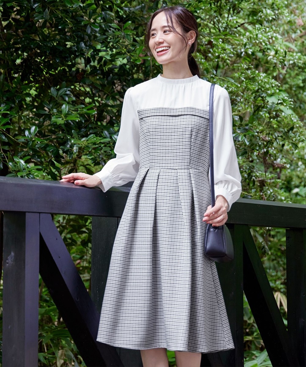 【洗える】ビスチェ風ツイードチェックドッキングワンピース