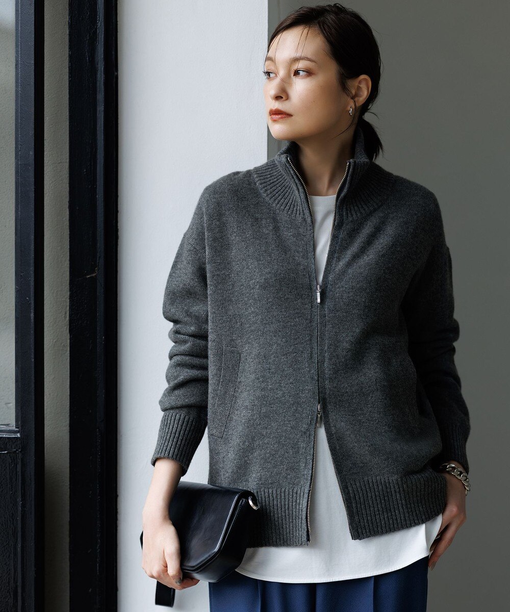 【オンワード】 ICB L（大きいサイズ）>ジャケット/アウター 【新色追加・洗える】ソフトカシミヤミックス ニットトラックジャケット ミディアムグレー L レディース