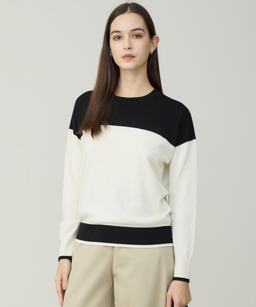 【オンワード】 ICB L（大きいサイズ）>トップス 【先行予約・洗える】 ハイゲージソフトウール ニットプルオーバー オフホワイト×ブラック L レディース
